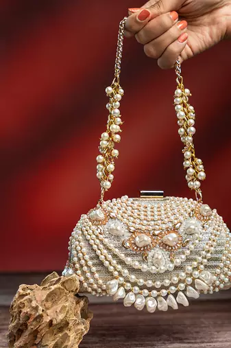 white shell pearl embroidered silk clutch