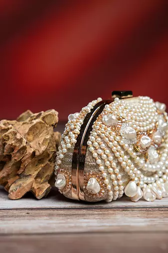 white shell pearl embroidered silk clutch