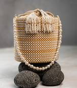 white pearl beaded embroidered silk bucket bag