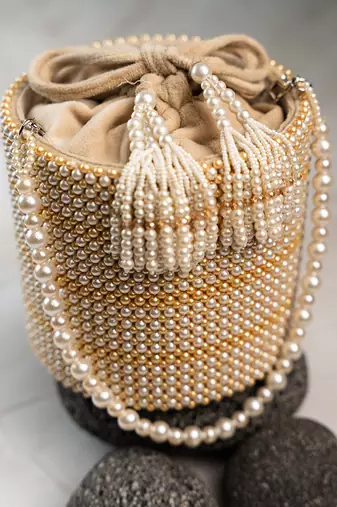 white pearl beaded embroidered silk bucket bag