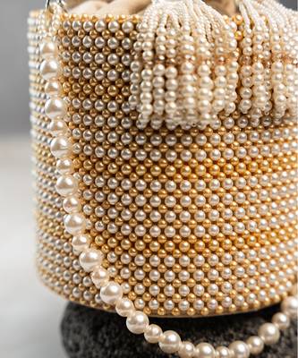 white pearl beaded embroidered silk bucket bag 4