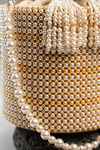 white pearl beaded embroidered silk bucket bag