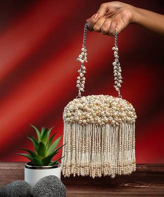 white pearl fringe embroidered silk clutch 1
