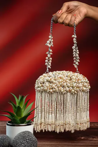 White silk pearl embroidered clutch