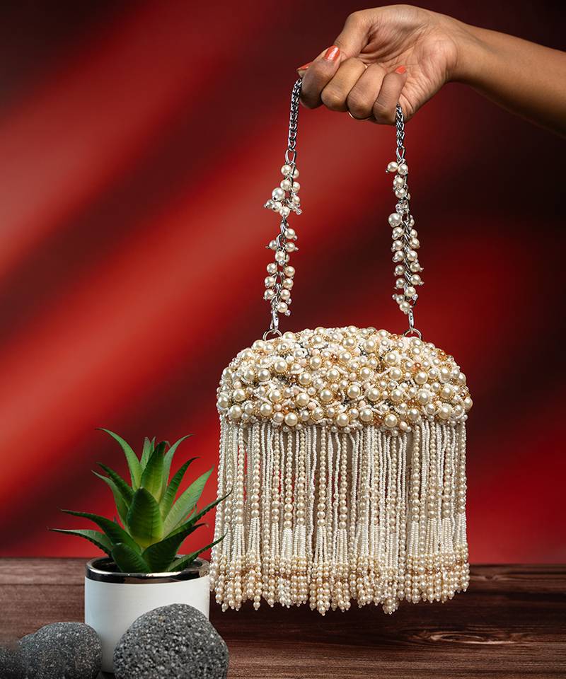 White silk pearl embroidered clutch
