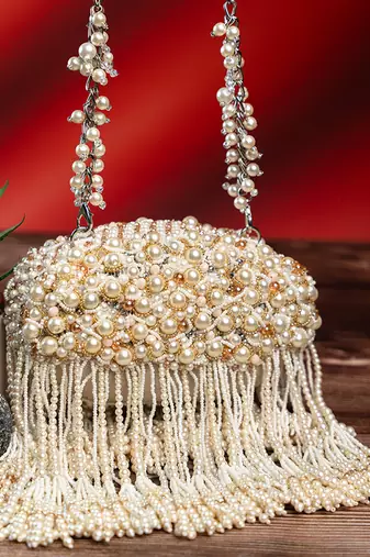 white pearl fringe embroidered silk clutch