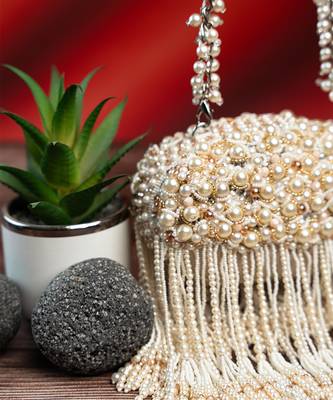 white pearl fringe embroidered silk clutch 3
