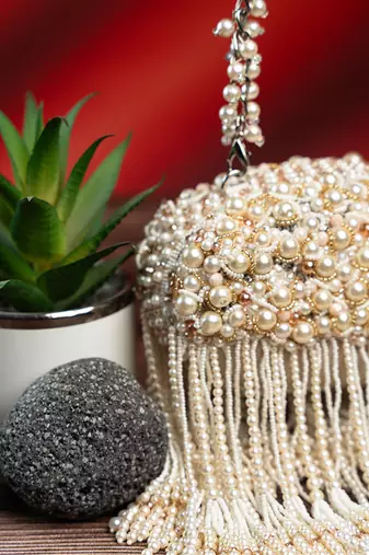 white pearl fringe embroidered silk clutch