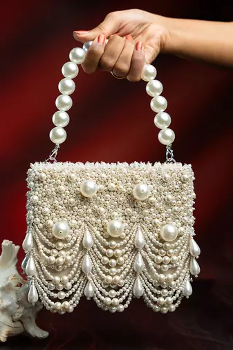 white pearl scallop embroidered suede clutch