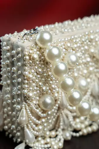 white pearl scallop embroidered suede clutch