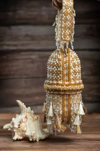 white pearl tassel embroidered silk bucket bag