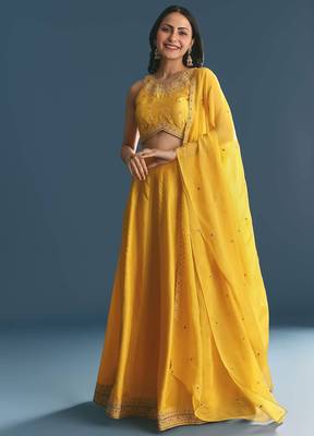 YELLOW SEQUINED EMBROIDERY WORK COTTON SILK WEDDING WEAR LEHENGA CHOLI WITH DUPATTA. 1