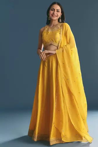 YELLOW SEQUINED EMBROIDERY WORK COTTON SILK WEDDING WEAR LEHENGA CHOLI WITH DUPATTA.