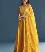 YELLOW SEQUINED EMBROIDERY WORK COTTON SILK WEDDING WEAR LEHENGA CHOLI WITH DUPATTA.