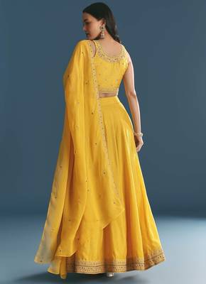YELLOW SEQUINED EMBROIDERY WORK COTTON SILK WEDDING WEAR LEHENGA CHOLI WITH DUPATTA. 2