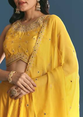 YELLOW SEQUINED EMBROIDERY WORK COTTON SILK WEDDING WEAR LEHENGA CHOLI WITH DUPATTA. 3