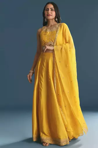 YELLOW SEQUINED EMBROIDERY WORK COTTON SILK WEDDING WEAR LEHENGA CHOLI WITH DUPATTA.