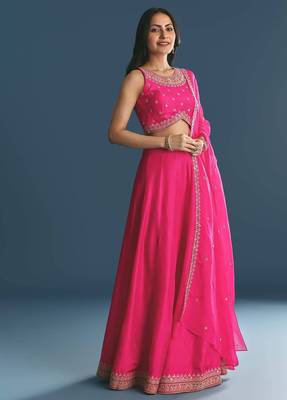 PINK SEQUINED EMBROIDERY WORK COTTON SILK WEDDING WEAR LEHENGA CHOLI WITH DUPATTA. 1