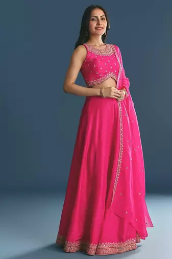PINK SEQUINED EMBROIDERY WORK COTTON SILK WEDDING WEAR LEHENGA CHOLI WITH DUPATTA.