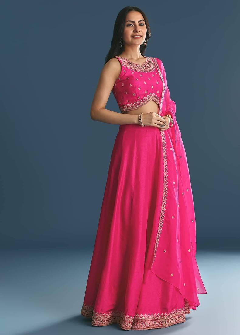 PINK SEQUINED EMBROIDERY WORK COTTON SILK WEDDING WEAR LEHENGA CHOLI WITH DUPATTA.