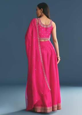 PINK SEQUINED EMBROIDERY WORK COTTON SILK WEDDING WEAR LEHENGA CHOLI WITH DUPATTA. 2