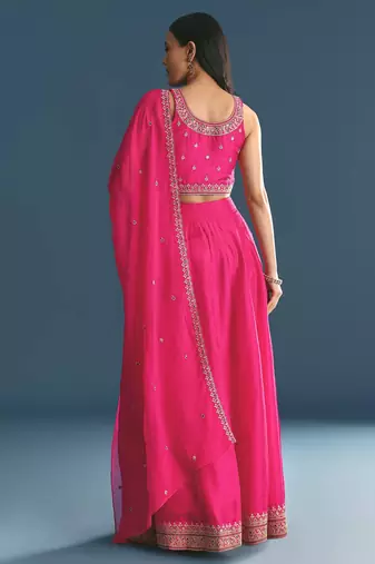 PINK SEQUINED EMBROIDERY WORK COTTON SILK WEDDING WEAR LEHENGA CHOLI WITH DUPATTA.