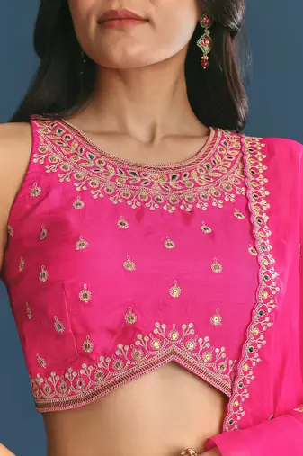 PINK SEQUINED EMBROIDERY WORK COTTON SILK WEDDING WEAR LEHENGA CHOLI WITH DUPATTA.