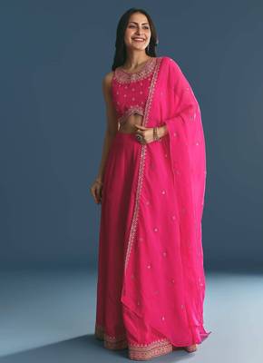 PINK SEQUINED EMBROIDERY WORK COTTON SILK WEDDING WEAR LEHENGA CHOLI WITH DUPATTA. 4