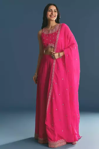 PINK SEQUINED EMBROIDERY WORK COTTON SILK WEDDING WEAR LEHENGA CHOLI WITH DUPATTA.