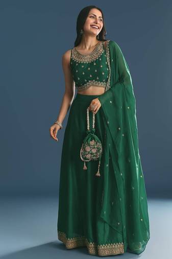 GREEN SEQUINED EMBROIDERY WORK COTTON SILK WEDDING WEAR LEHENGA CHOLI WITH DUPATTA.