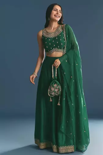 GREEN SEQUINED EMBROIDERY WORK COTTON SILK WEDDING WEAR LEHENGA CHOLI WITH DUPATTA.