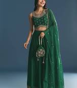 GREEN SEQUINED EMBROIDERY WORK COTTON SILK WEDDING WEAR LEHENGA CHOLI WITH DUPATTA.