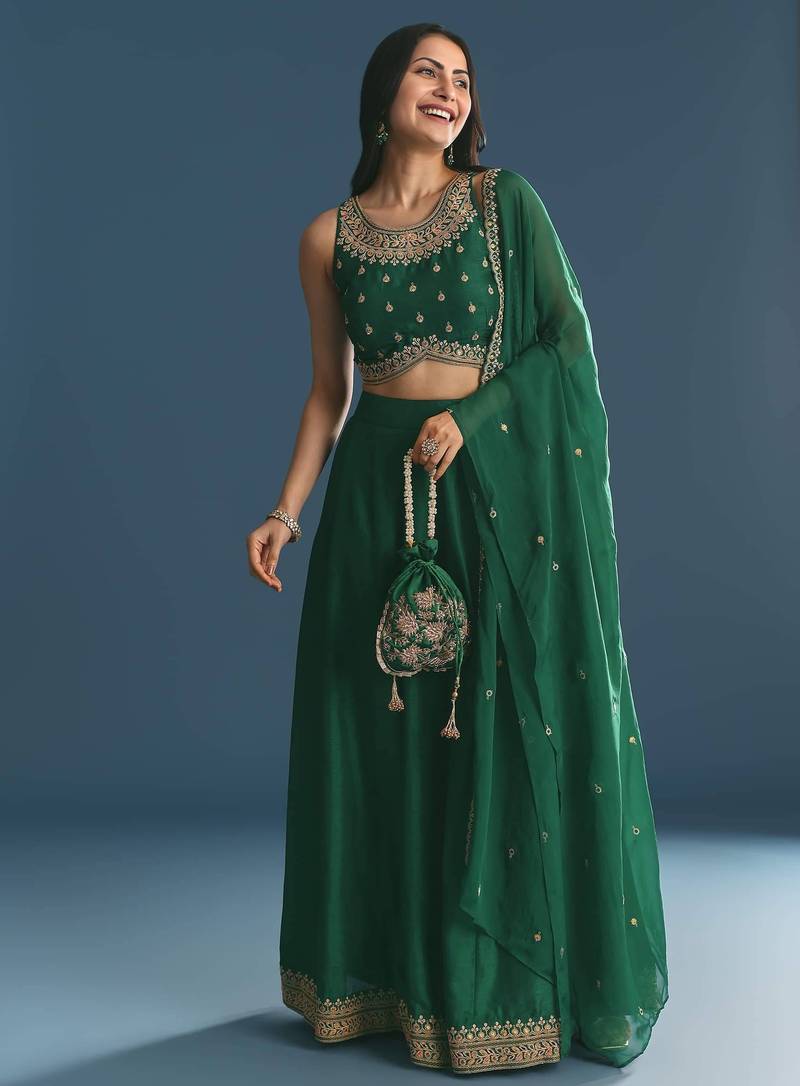 GREEN SEQUINED EMBROIDERY WORK COTTON SILK WEDDING WEAR LEHENGA CHOLI WITH DUPATTA.