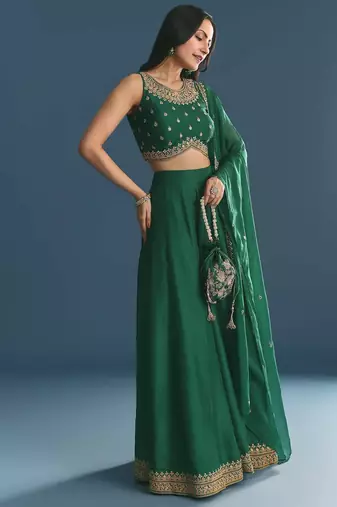 GREEN SEQUINED EMBROIDERY WORK COTTON SILK WEDDING WEAR LEHENGA CHOLI WITH DUPATTA.