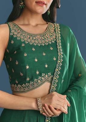 GREEN SEQUINED EMBROIDERY WORK COTTON SILK WEDDING WEAR LEHENGA CHOLI WITH DUPATTA. 4
