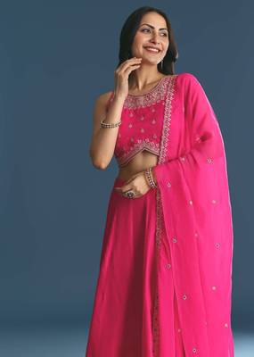 PINK SEQUINED EMBROIDERY WORK COTTON SILK WEDDING WEAR LEHENGA CHOLI WITH DUPATTA. 5