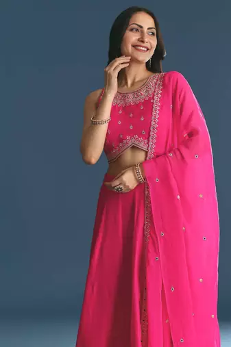 PINK SEQUINED EMBROIDERY WORK COTTON SILK WEDDING WEAR LEHENGA CHOLI WITH DUPATTA.