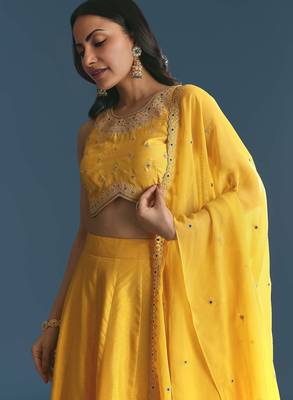 YELLOW SEQUINED EMBROIDERY WORK COTTON SILK WEDDING WEAR LEHENGA CHOLI WITH DUPATTA. 5
