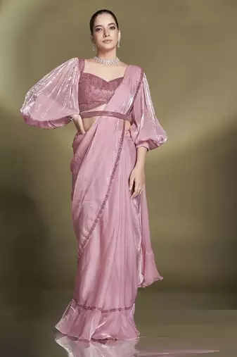 Baby pink two tone satin silk sequince & beads aari work lantern sleeves blouse with belt designer ready to wear saree