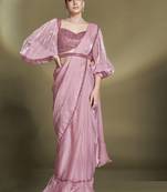 ready to wear baby pink two tone satin silk sequince & beads aari work lantern sleeves blouse with belt designer saree