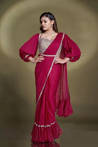 Blood red crape satin silk sequince & beads aari work lantern sleeves blouse with belt designer ready to wear saree