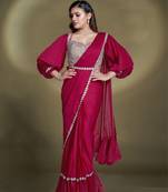 ready to wear blood red crape satin silk sequince & beads aari work lantern sleeves blouse with belt designer saree