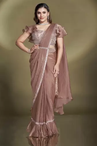 Coffee two tone satin silk sequince & beads aari work ruffle sleeves blouse with belt designer ready to wear saree