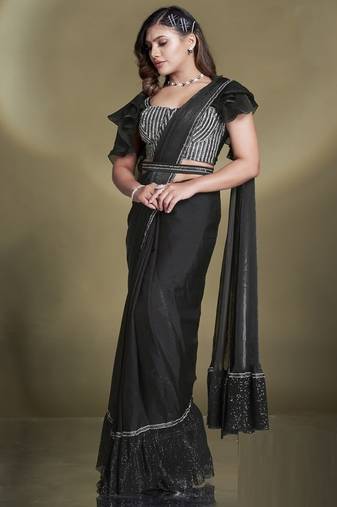 Black two tone satin silk sequince & beads aari work ruffle sleeves blouse with belt designer ready to wear saree