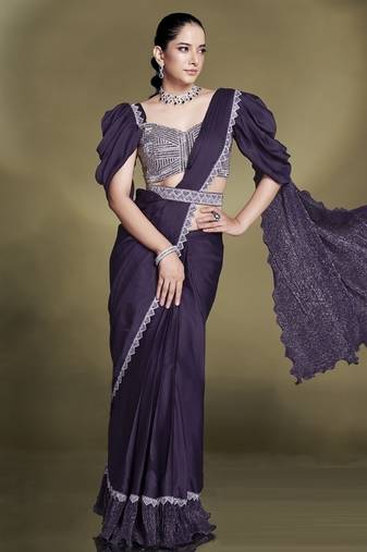 Wine crape satin silk sequince & beads aari work puffed sleeves blouse with belt designer ready to wear saree