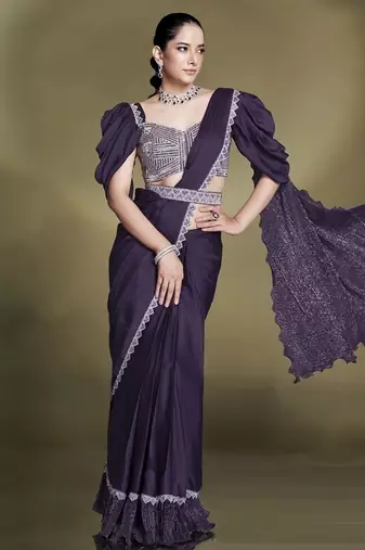 Wine crape satin silk sequince & beads aari work puffed sleeves blouse with belt designer ready to wear saree