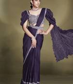 ready to wear wine crape satin silk sequince & beads aari work puffed sleeves blouse with belt designer saree