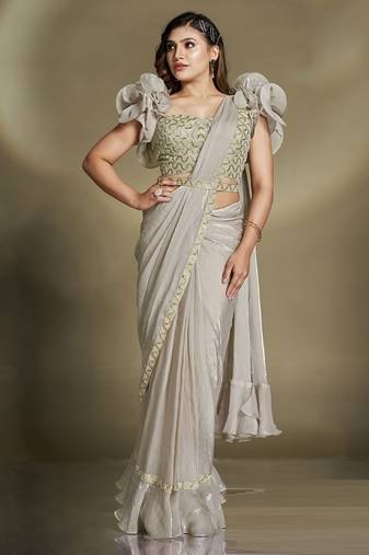 Beige two tone satin silk sequince & beads aari work ruffle sleeves blouse with belt designer ready to wear saree