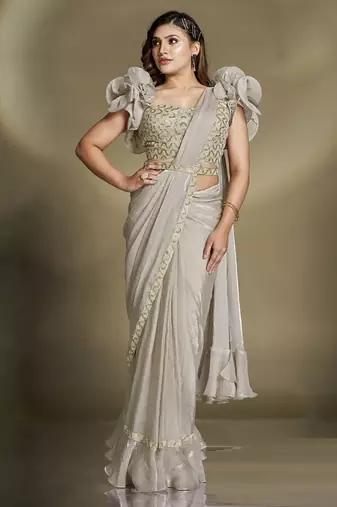 Beige two tone satin silk sequince & beads aari work ruffle sleeves blouse with belt designer ready to wear saree