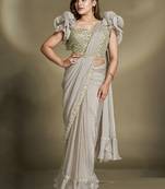 ready to wear beige two tone satin silk sequince with belt designer saree